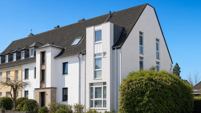 Praxisgebäude Krefelder Str. 79a – Fassadendetail Fassadenausschnitt des weißen Praxisgebäudes Krefelder Str. 79a unter blauem Himmel